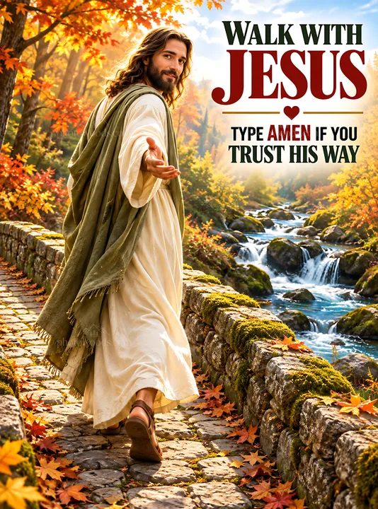 Walk with Jesus on the path through autumn foliage - AI-generated stock image