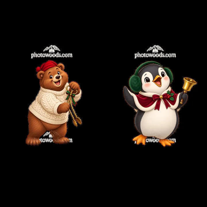 Bear and penguin celebrating Christmas by the fireplace - AI-generated stock image