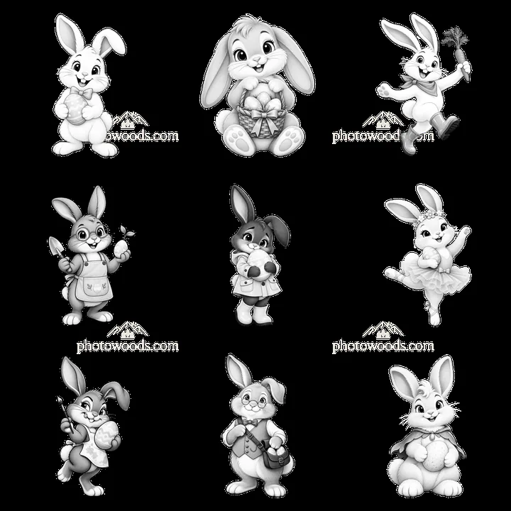 Easter bunny characters in various poses and activities - AI-generated stock image