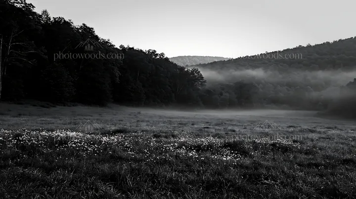 Black and white forest edge meadow with morning mist and trees - AI-generated stock image