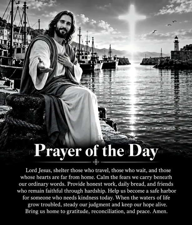 Prayer at the harbor for those who travel and wait - AI-generated stock image