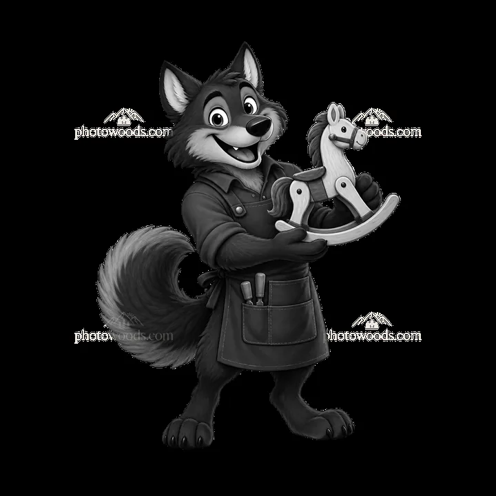 Christmas wolf holding a wooden rocking horse toy in black and white - AI-generated stock image