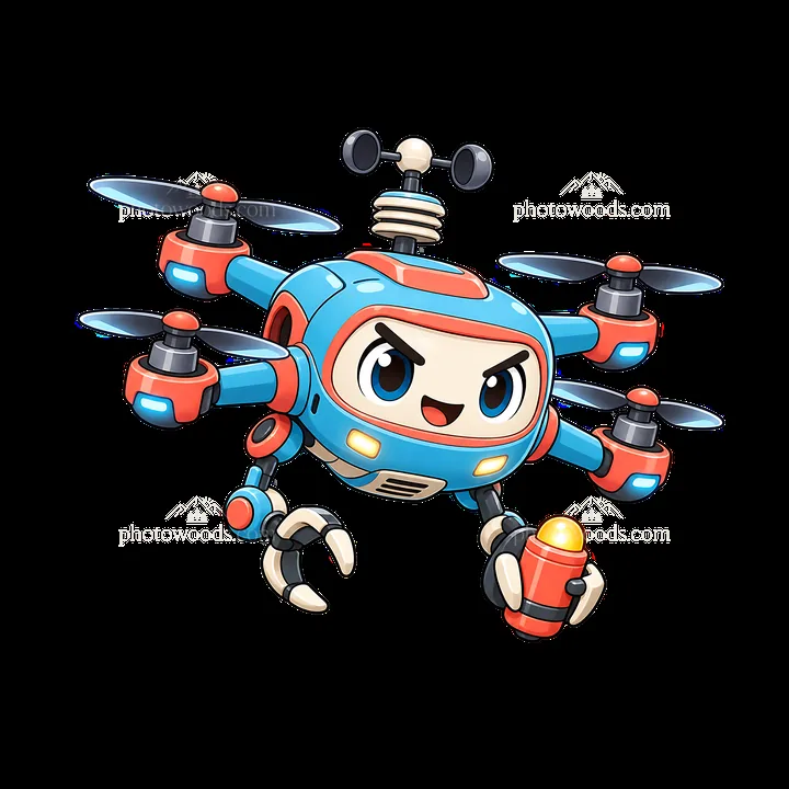 Cartoon drone character with a playful expression holding a gadget - AI-generated stock image