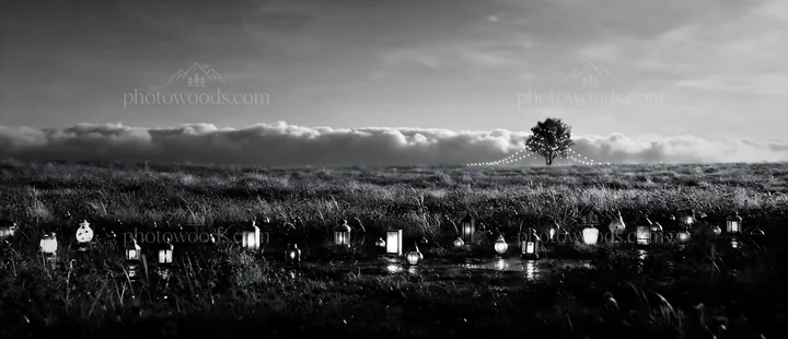 Vibrant lanterns illuminate winter meadow at dusk - AI-generated stock image
