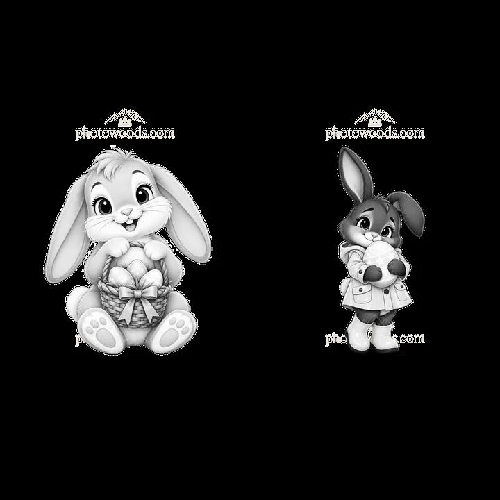 Easter bunny characters with eggs in a basket and holding egg - AI-generated stock image