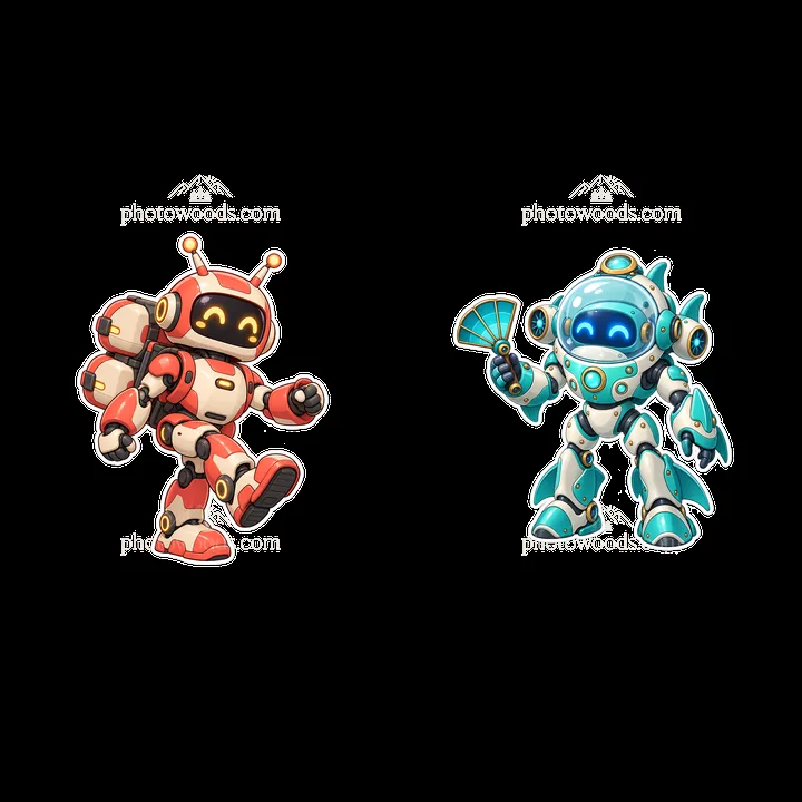 Colorful mech robots dancing and holding a fan in a fun scene - AI-generated stock image