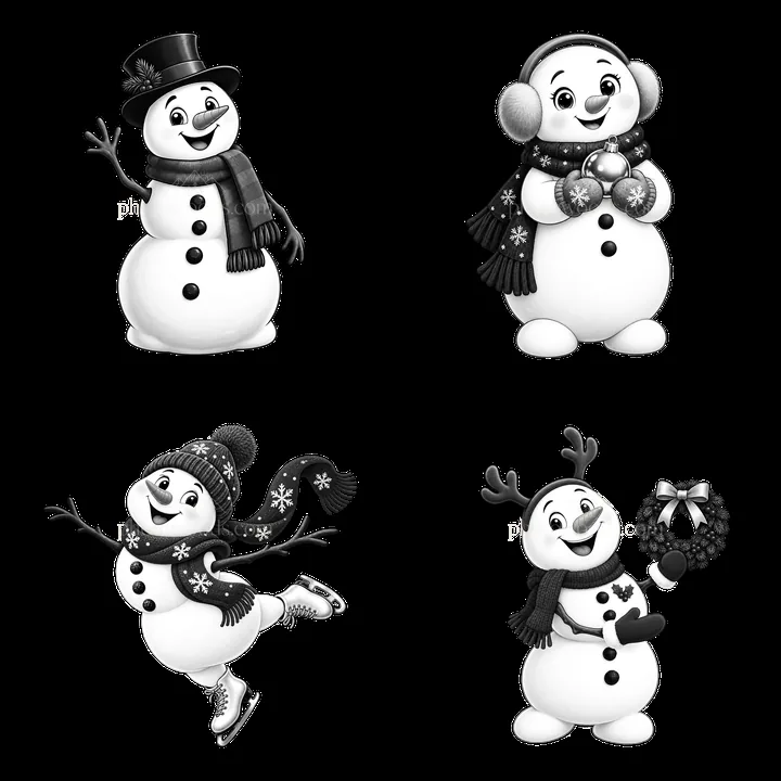 Snowman stickers in various poses with winter accessories - AI-generated stock image