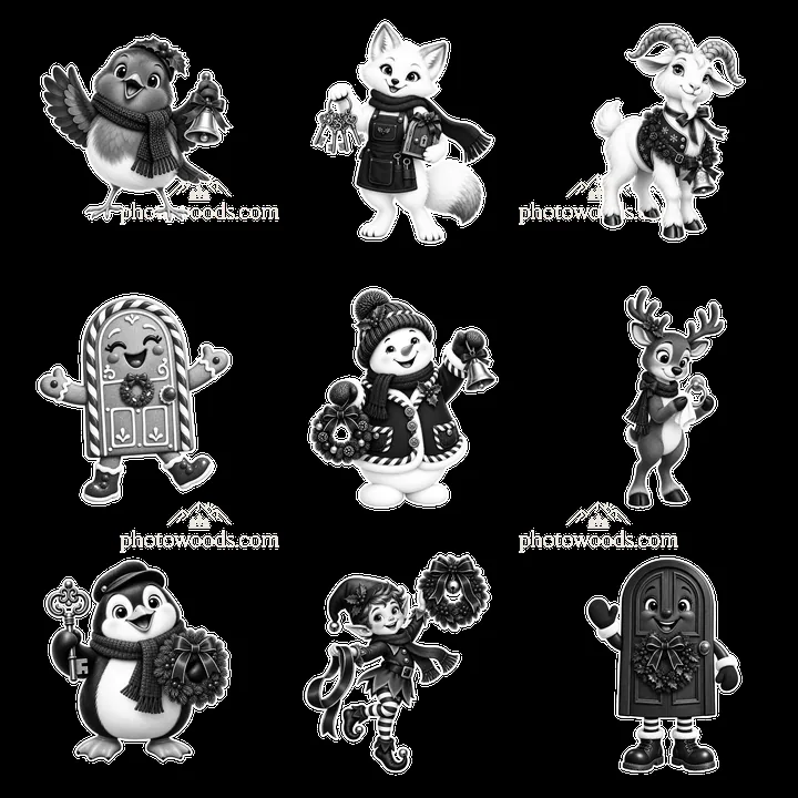 Cute cartoon figures celebrating Christmas door decorations - AI-generated stock image