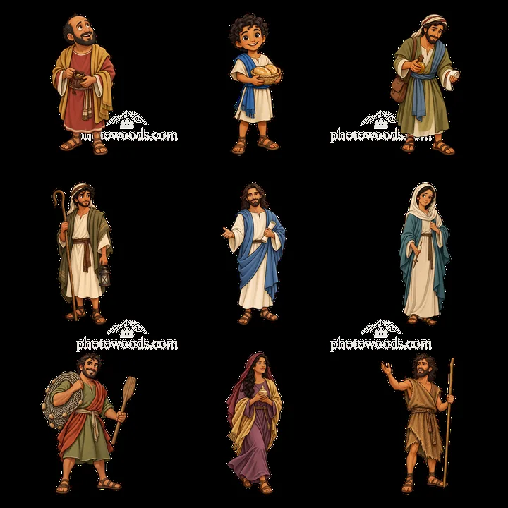 Religious cartoon stickers of Jesus and biblical figures in grid - AI-generated stock image