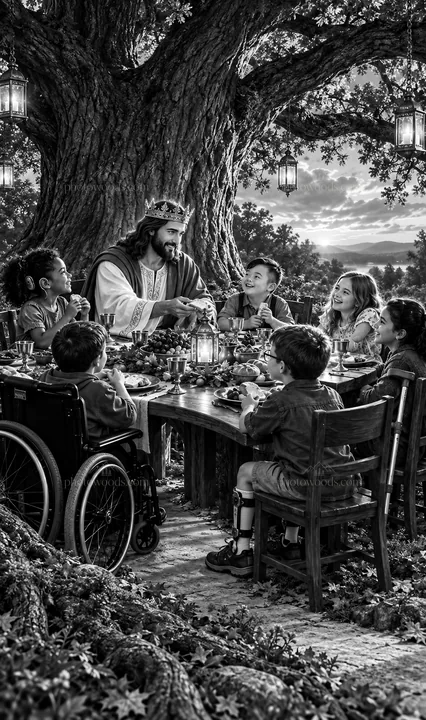 Jesus Christ sharing a meal with children - AI-generated stock image