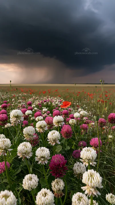 Colorful clover meadow with dark stormy clouds above - AI-generated stock image