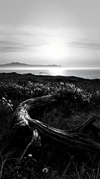 Nagasaki coastal meadow with driftwood and flowers at sunset - AI-generated stock image