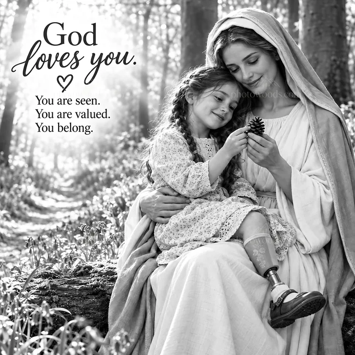 Jesus Christ shows love to a child in a forest setting - AI-generated stock image