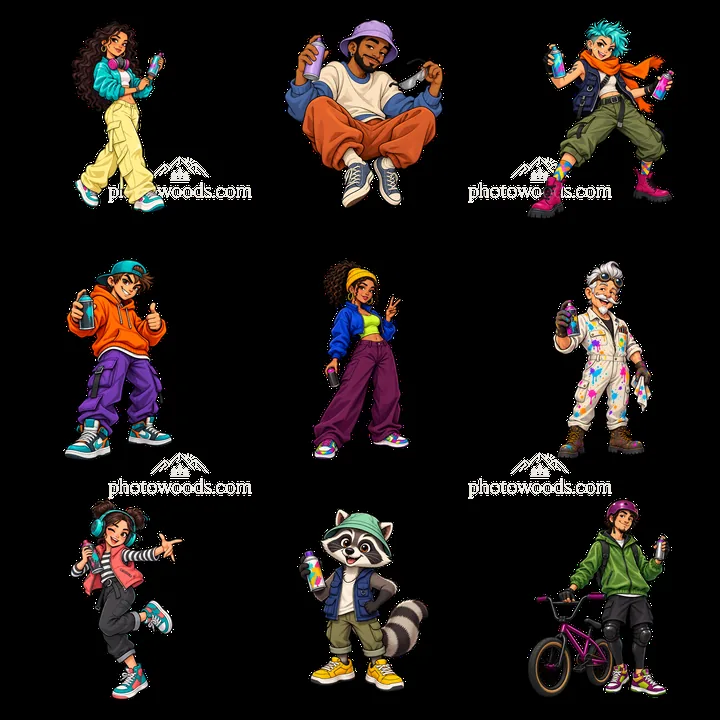 Cool graffiti sprayer characters in colorful urban style layout - AI-generated stock image