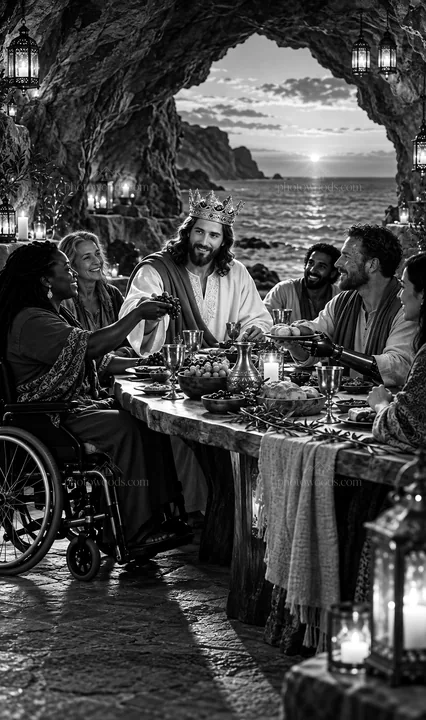 Jesus Christ sharing a meal with friends in a cave - AI-generated stock image