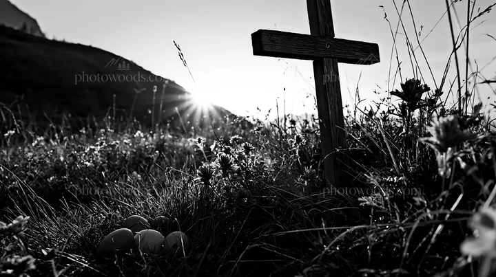 Christian cross in backlit summer meadow at sunset - AI-generated stock image