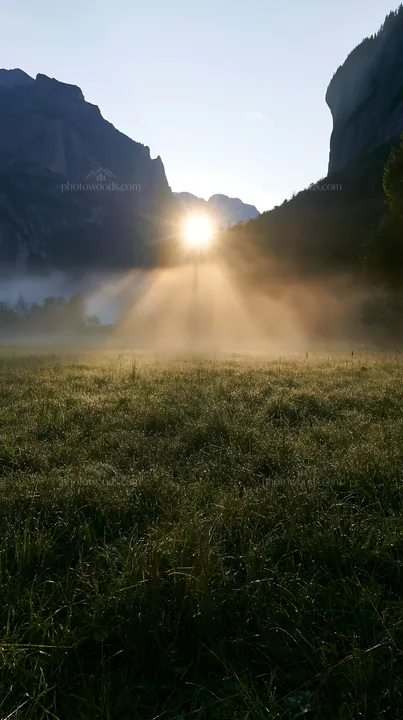 Lauterbrunnen Valley meadow light rays create morning glow - AI-generated stock image
