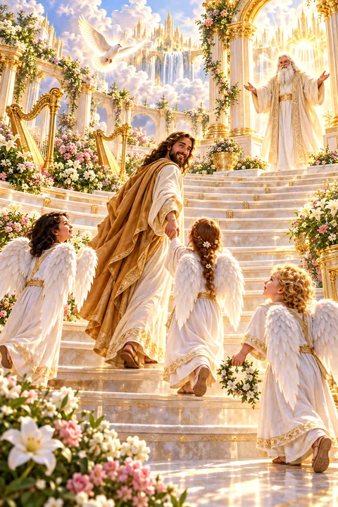 Jesus Christ guiding children in a heavenly setting - AI-generated stock image