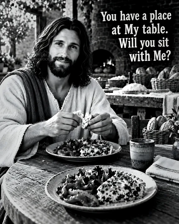 Invitation to share a meal at a table in a cozy bakery - AI-generated stock image