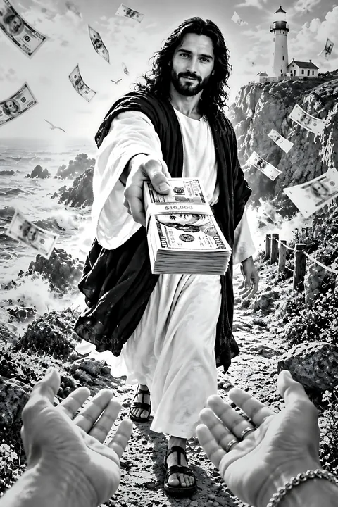 Walking the path to the lighthouse with cash in hand - AI-generated stock image