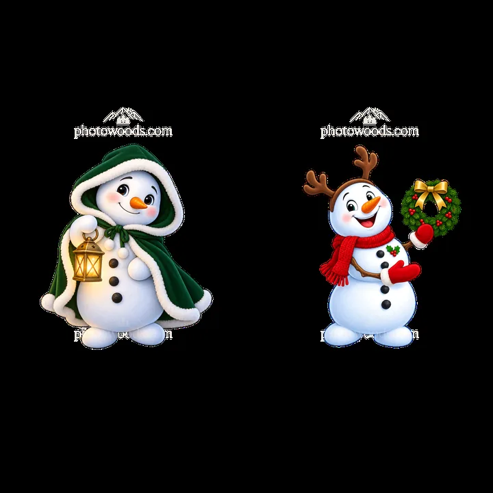 Christmas snowman with lantern and snowman with wreath - AI-generated stock image