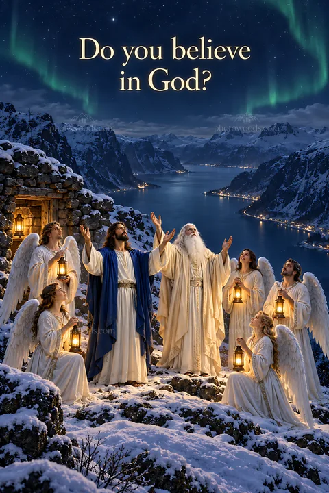 Do you believe in God with northern lights in the background - AI-generated stock image