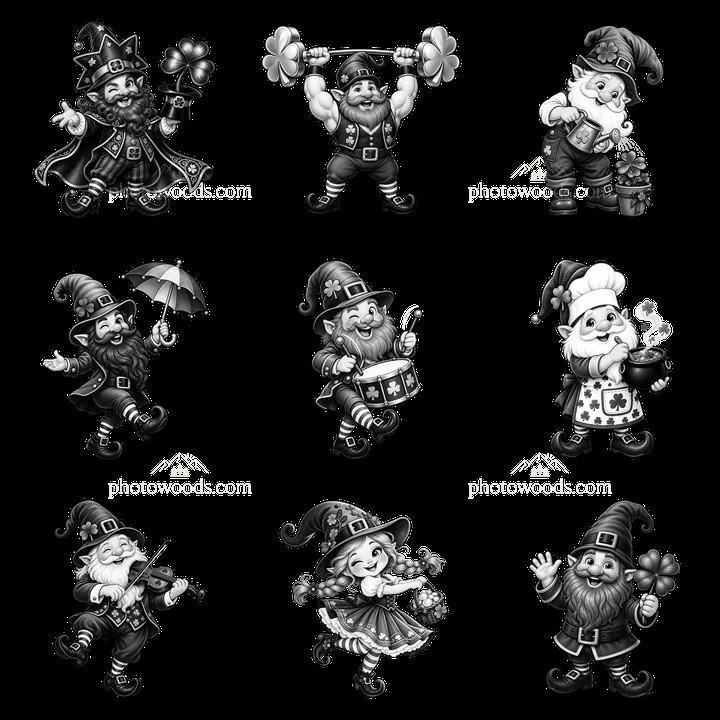 St. Patrick's Day gnomes celebrating in a 3x3 grid layout - AI-generated stock image