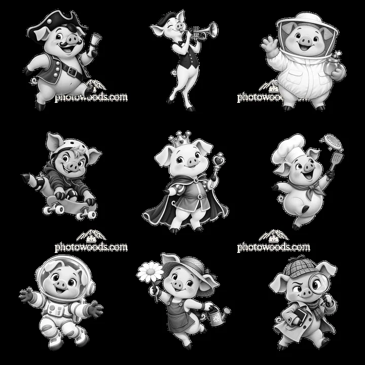 Cartoon pigs in different costumes and activities in a grid layout - AI-generated stock image