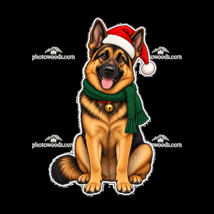 Christmas German Shepherd wearing a Santa hat and scarf - AI-generated stock image