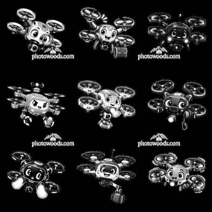 Cartoon drones in various actions and expressions in a grid - AI-generated stock image