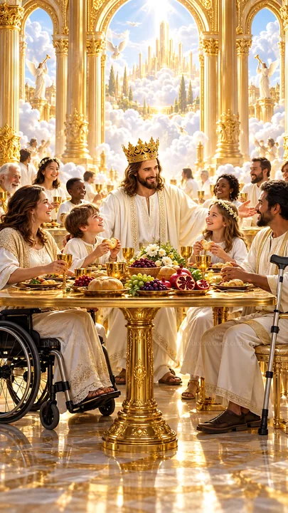 Jesus Christ sharing a meal with people in a divine setting - AI-generated stock image