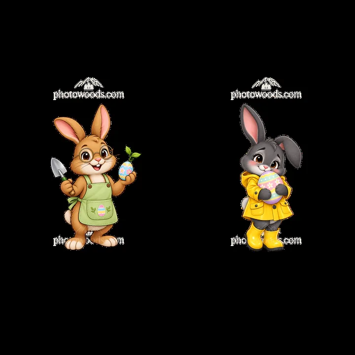 Easter bunnies with eggs and tools in colorful outfits - AI-generated stock image