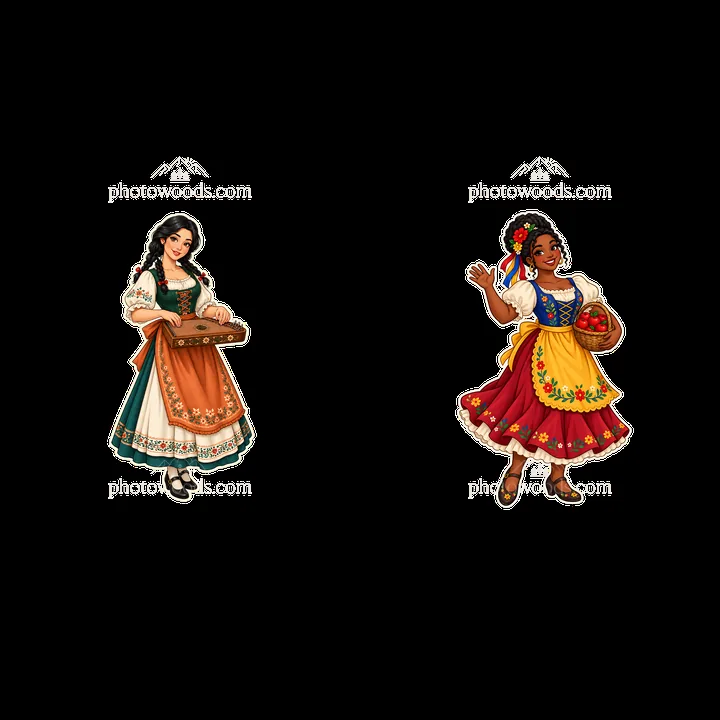 Women in traditional folk dress playing instruments and waving - AI-generated stock image