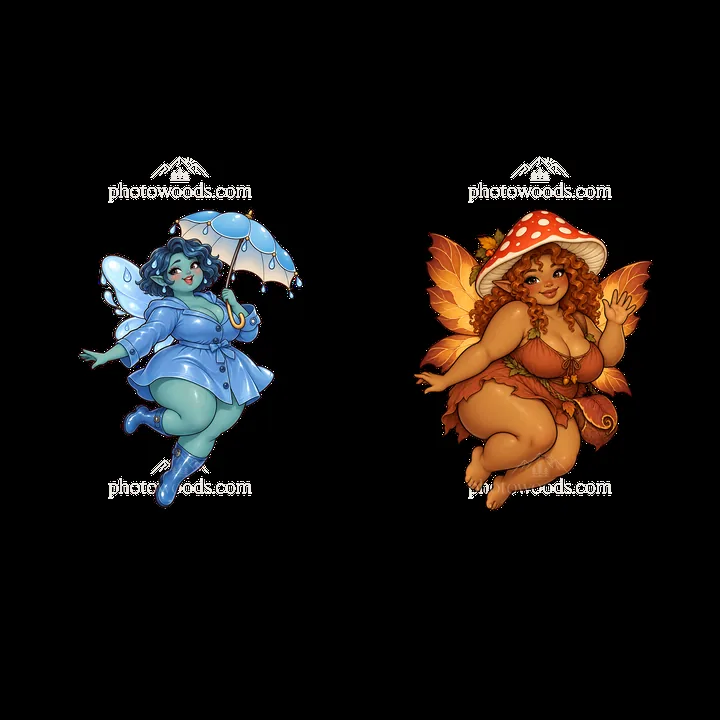 Kawaii ultra-fat fairies with an umbrella and mushroom cap - AI-generated stock image