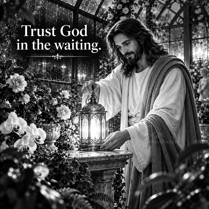 Jesus Christ holding a lantern in a garden setting - AI-generated stock image