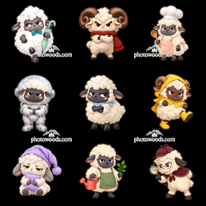 Kawaii grumpy sheep in various outfits and expressions - AI-generated stock image