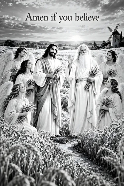 Blessing the harvest in a wheat field with angels - AI-generated stock image