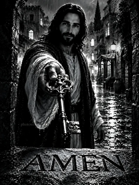 Rainwashed street scene with a figure holding keys - AI-generated stock image