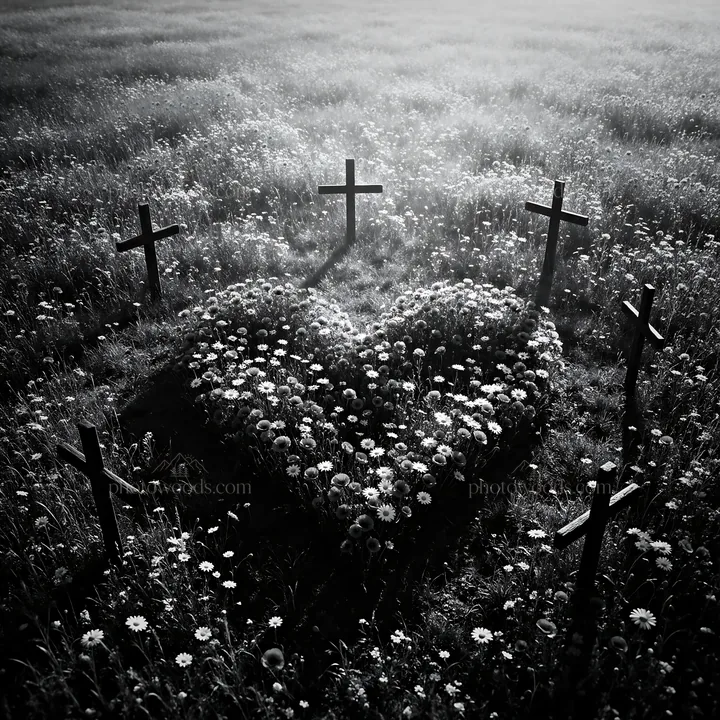 Christian crosses in meadow with light rays shining through - AI-generated stock image