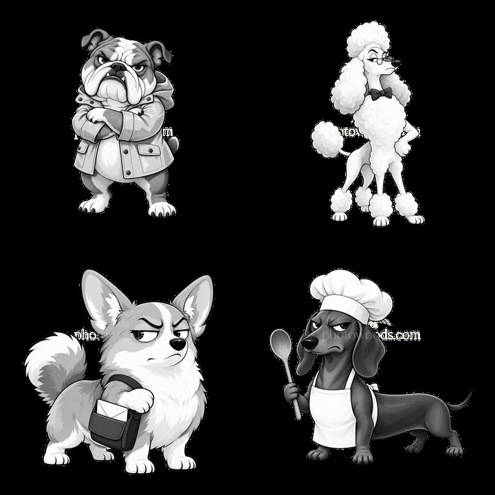 Grumpy dog characters in a monochrome cartoon sticker layout - AI-generated stock image