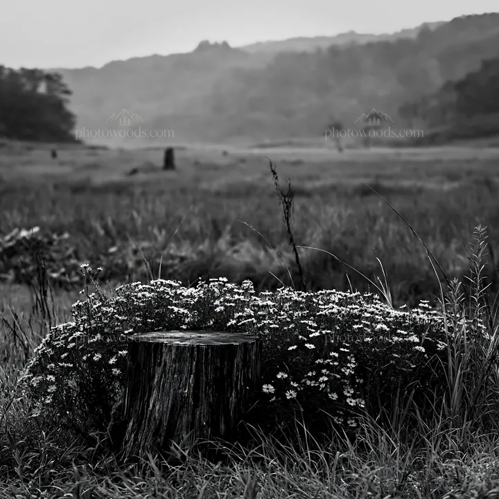 Black and white fukushima native meadow with weathered stump - AI-generated stock image