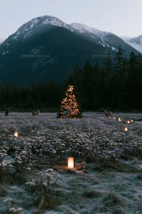 Christmas tree in mountain valley meadow with deer at dusk - AI-generated stock image
