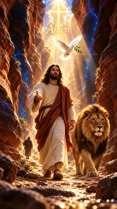 Jesus Christ walking with a lion in a canyon - AI-generated stock image