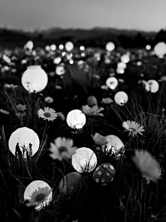 Vibrant Christmas lanterns in meadow at twilight - AI-generated stock image