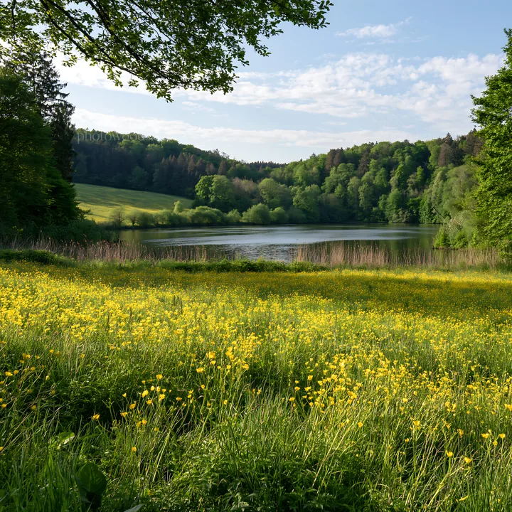 German lakeside meadow with greenery and blooming flowers - AI-generated stock image