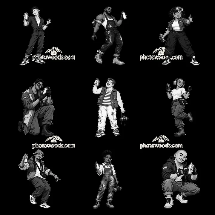 Nine gay graffiti spray painters in black-and-white stickers - AI-generated stock image