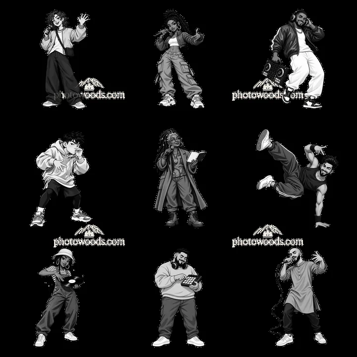 Hip-hop artists in various poses and activities in a 3x3 grid - AI-generated stock image
