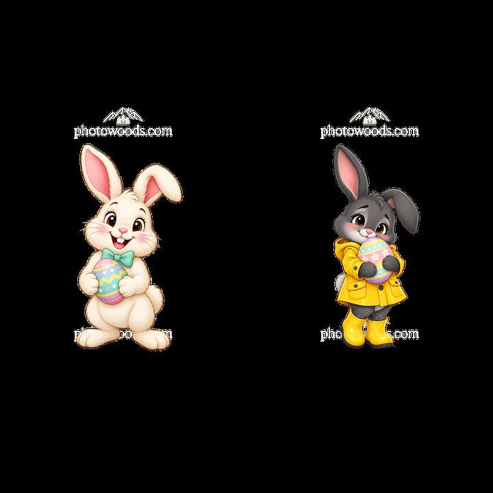 Easter bunny characters with colorful eggs in festive attire - AI-generated stock image