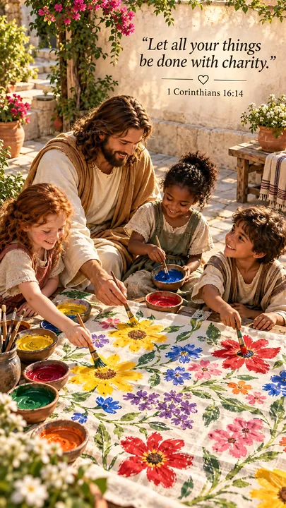Jesus Christ teaching children to paint in a garden setting - AI-generated stock image