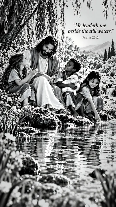Jesus Christ teaching beside the still waters with children - AI-generated stock image